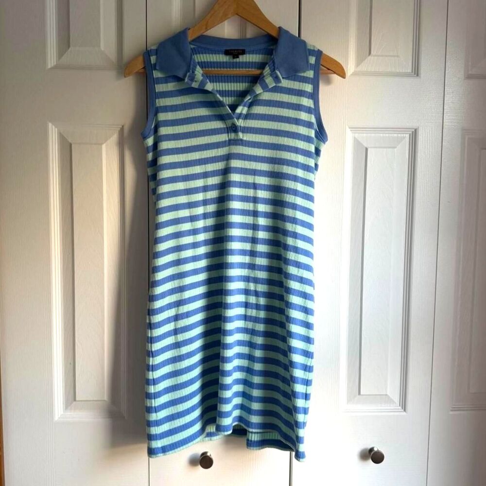 Talbots Blue and Green striped ribbed polo dress size P